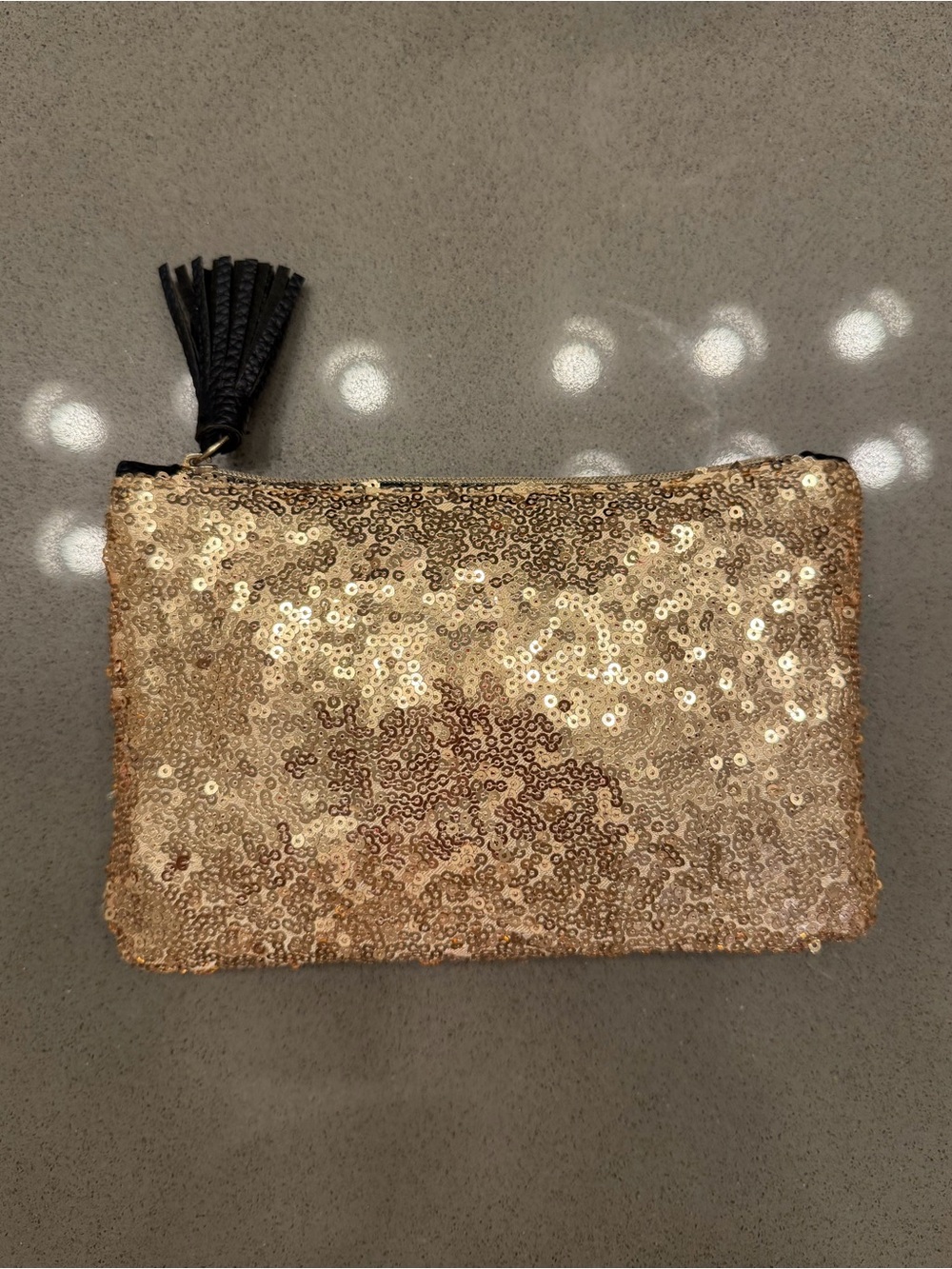 Ipsy Gold Sequin Black Faux Leather Tassel Makeup Bag Cosmetic Pouch Glam Clutch